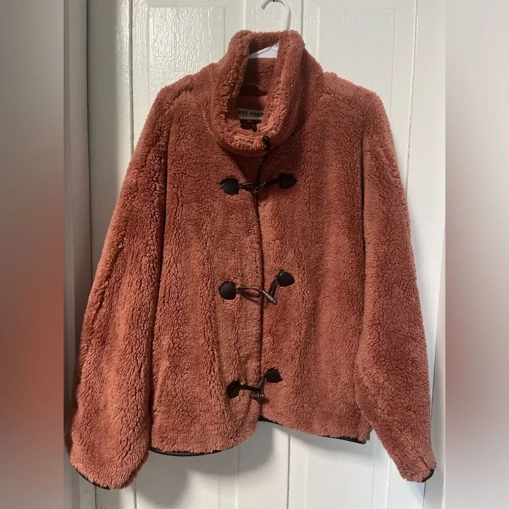 Free People Junie Teddy Jacket contrast faux leather toggle trim Rose Pink L